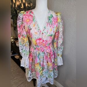 Dalia McPhee Multi Long Sleeve Floral Lace Mini Dress With Belt Cocktail size M